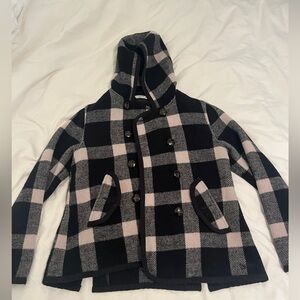 Woolrich Black and Light Pink Plaid Hooded Pea Coat